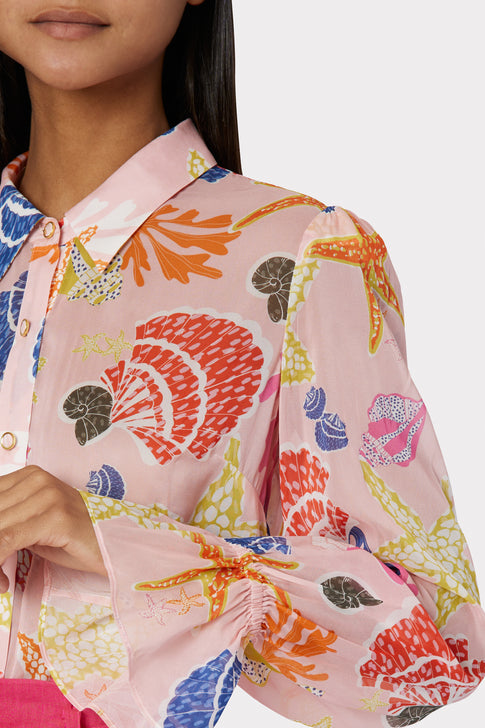 Lacey Seashell Print Button Down Top