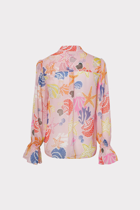 Lacey Seashell Print Button Down Top