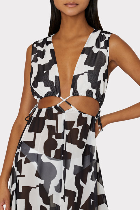 Mila Sleeveless Cutout Swim Cover-Up Maxi Dress in Black and White