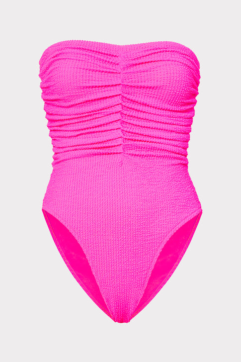 Textured Ruched One Piece Neon Pink Image 1 of 4