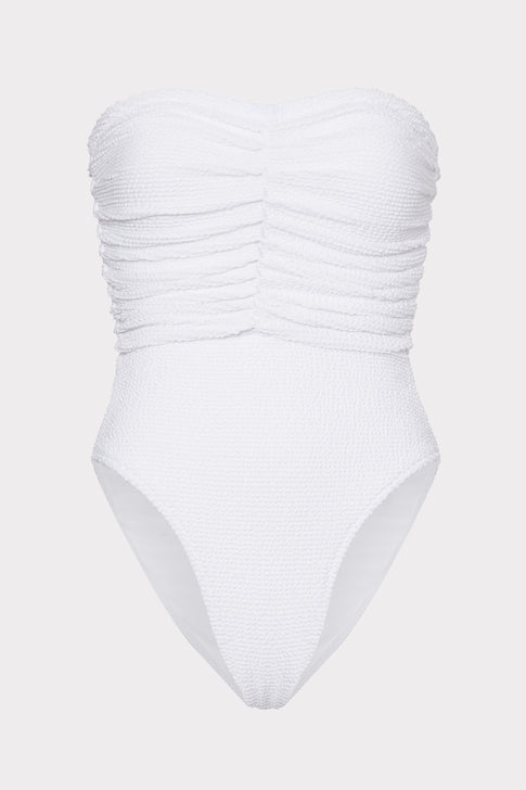 Textured Strapless Ruched One Piece Swimsuit in White MILLY