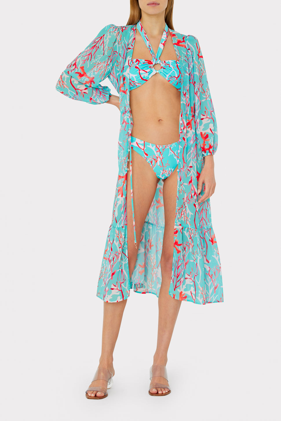 Fiona Marine Coral Long Sleeve Swim Coverup Midi Dress | MILLY
