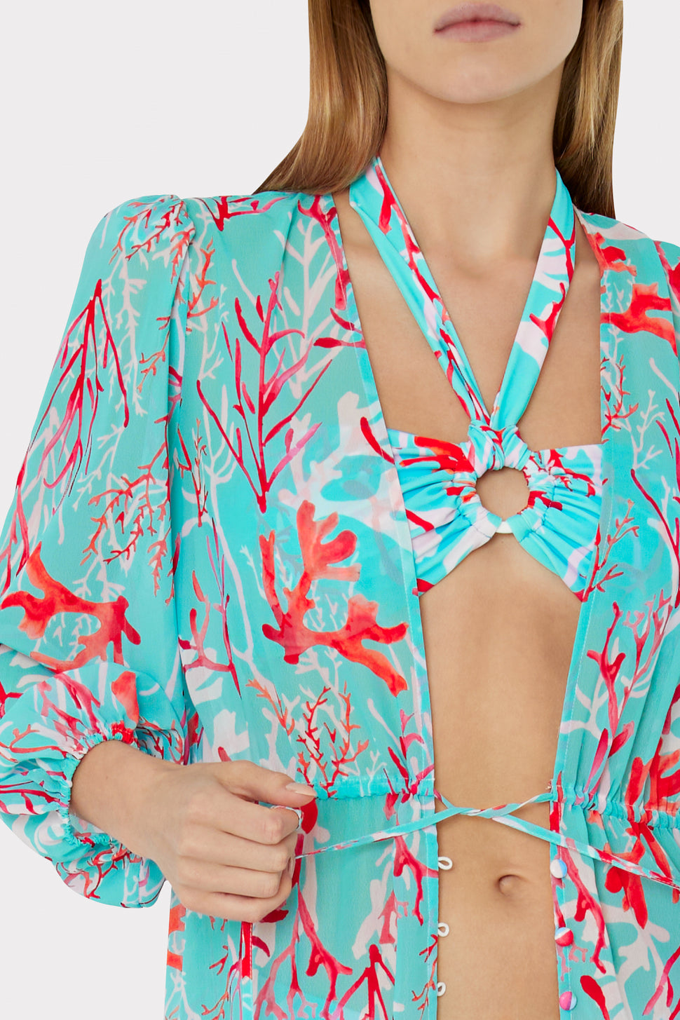 Fiona Marine Coral Long Sleeve Swim Coverup Midi Dress | MILLY