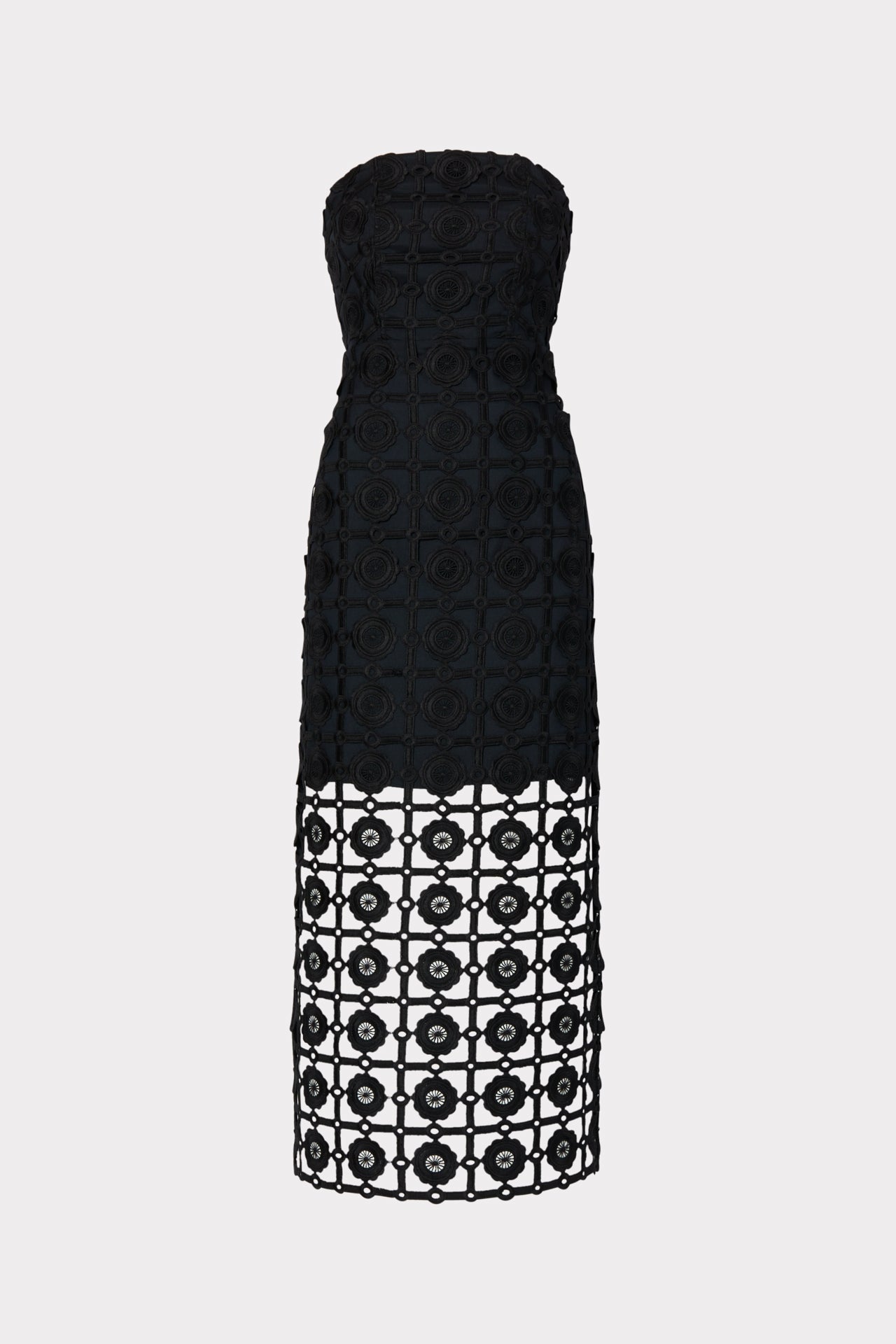 Kait Tile Lace Strapless Midi Dress in Black | MILLY