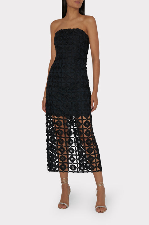 Kait Tile Lace Strapless Midi Dress in Black