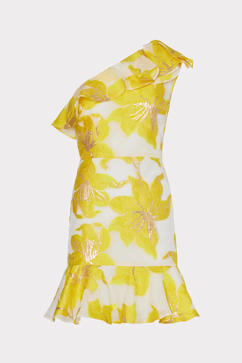 Nila Metallic Fleur Jacquard Ruffle Dress Yellow Image 1 of 4