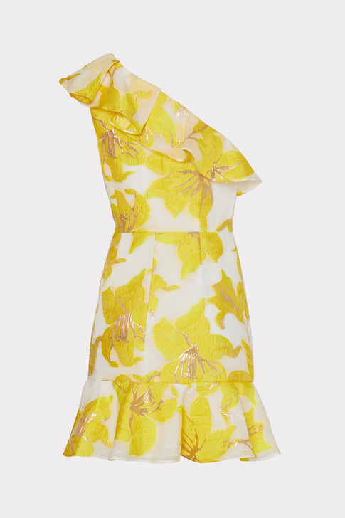 Nila Metallic Fleur Jacquard Ruffle Dress Yellow Image 4 of 4