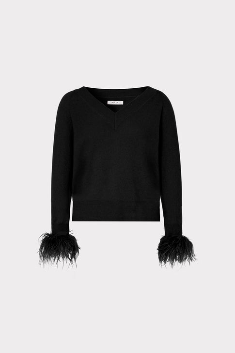 Women's Long Sleeve Black Knit Sweater with Feathers | MILLY