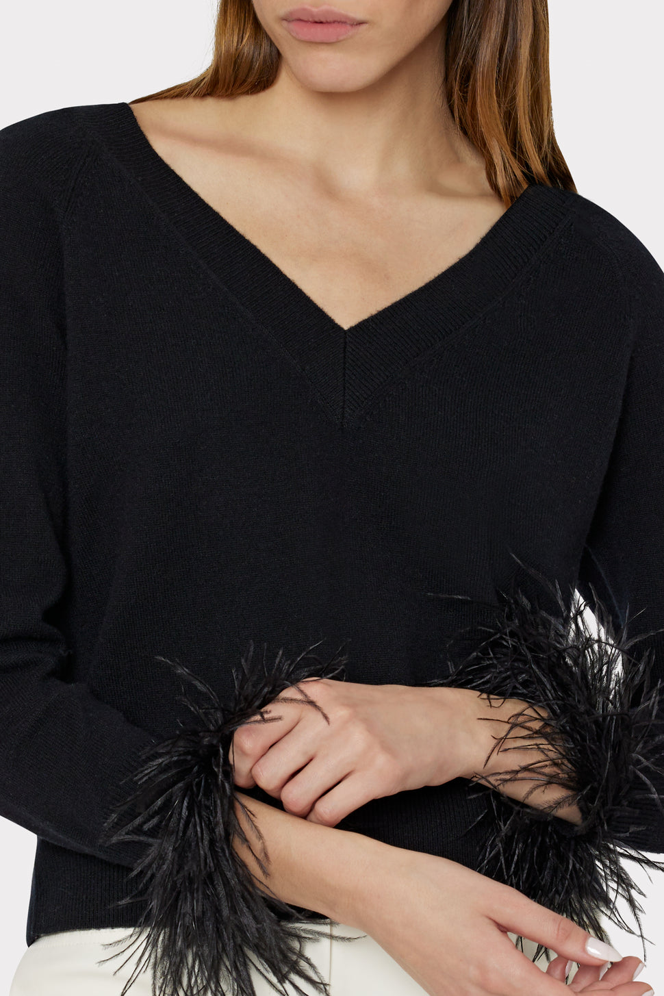 Women's Long Sleeve Black Knit Sweater with Feathers