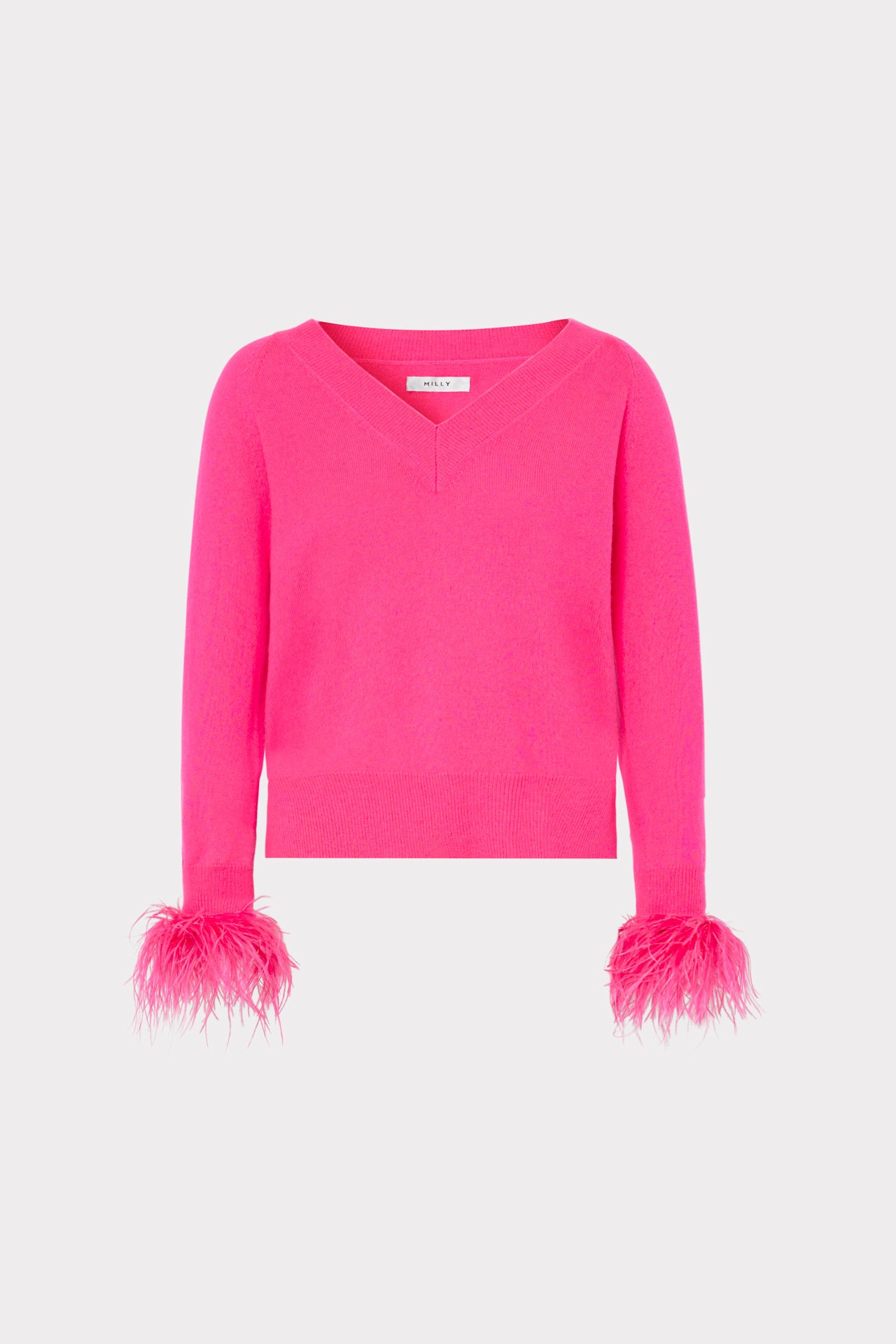 Feather Cuff V-neck Sweater in Milly Pink | MILLY