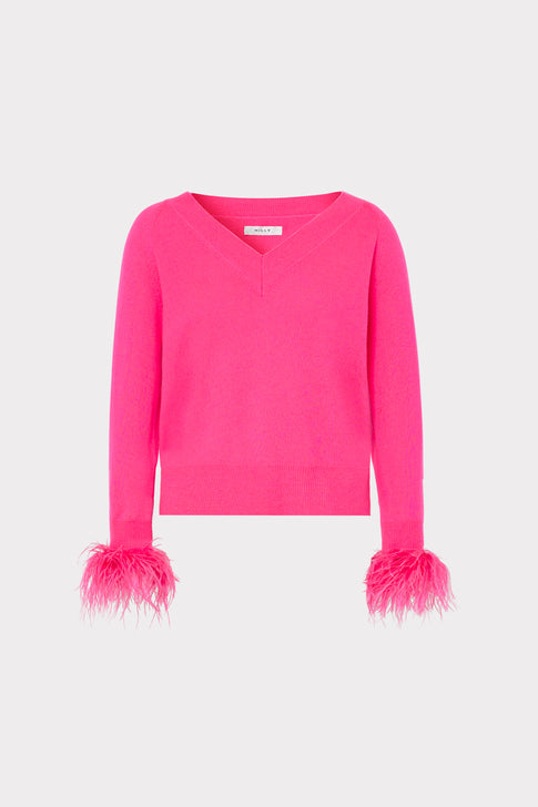 Feather Cuff V-neck Sweater in Milly Pink