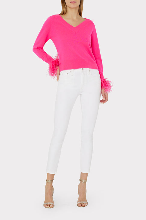 Feather Cuff V-neck Sweater