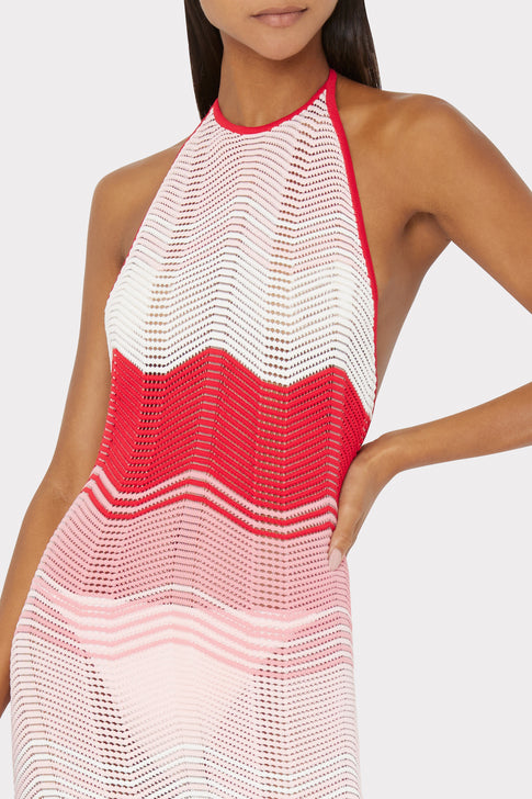 Gradient Wave Halter Tie Back Sleeveless Swim Coverup Knit Midi Dress in  Pink