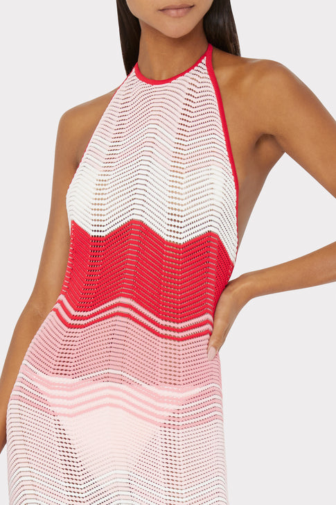 Gradient Wave Halter Tie Back Sleeveless Swim Coverup Knit Midi